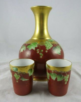 Vtg Limoges D C France Porcelain Carafe 2 Cups Red Gold Green Grapes Handpainted