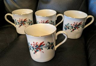 Lenox Winter Greetings Set Of 4 Mugs 12 Oz.  Red Green Cups Gold Trimmed