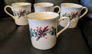Lenox Winter Greetings Set Of 4 Mugs 12 oz.  Red Green Cups Gold Trimmed 2