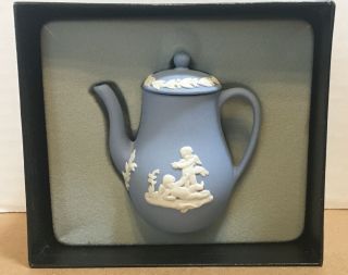 Wedgwood Blue And White Jasperware Miniature Coffee Pot,  2 3/4” Tall