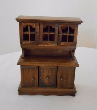 Old Vintage Miniature Dollhouse Furniture Wooden Hutch China Cabinet Doors Open