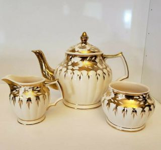 Vintage Sadler England Teapot W/ Lid.  Creamer And Open Sugar.  Gold Gilt Flowers