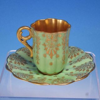 Coalport Bone China - Teal Green With Embossed Gold - Demitasse Cup And Saucer