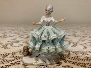 Dresden Porcelain Victorian Lady Figurine With Dog Puppy Blue Lace Dress
