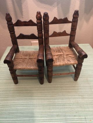 Vintage Set Of 2 Wooden Ladderback Doll Chairs W/ Woven Twine Seats Primitive