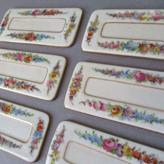 6 Antique Dresden Hp Porcelain Place Card Markers Colorful Flowers W Gilt Lamm