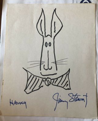 James Stewart Signed Rare Harvey Film Sketch Authentic Perfect For Display