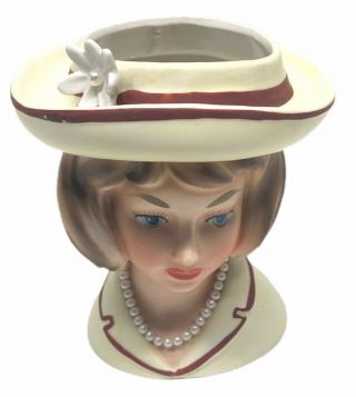 Lady Head Vase Vintage Relpo K - 1613 6” Tall Yellow Dress And Hat Pearl Necklace