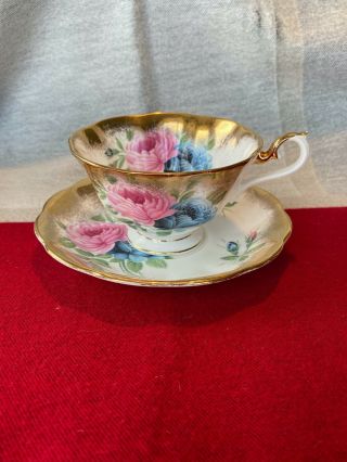 Vintage Royal Albert Teacup & Saucer Large Pink & Blue Roses Heavy Gold