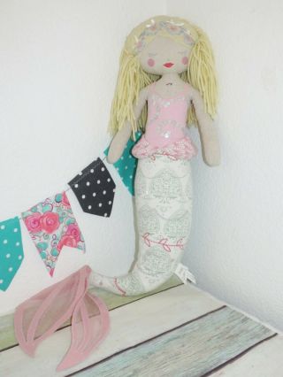 Pottery Barn Kids Blonde Hair Mermaid Damask Sequin Pillow Plush Toy 24 " Pbk