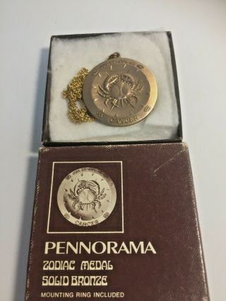 Vintage Pennorama Cancer June 22 - July 22 Zodiac Medal Coin Pendant With Chain