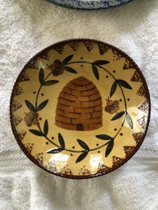 Ned Foltz Pottery Redware Bowl Dated 2004 Bee Hive And Bees 7 1/2 Inch
