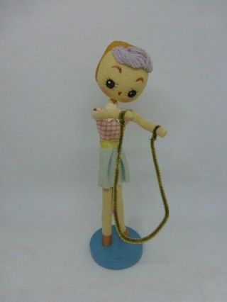 Vintage Mid Century Big Eyed Cloth Doll W Chenille Jump Rope Japan 8.  5 "