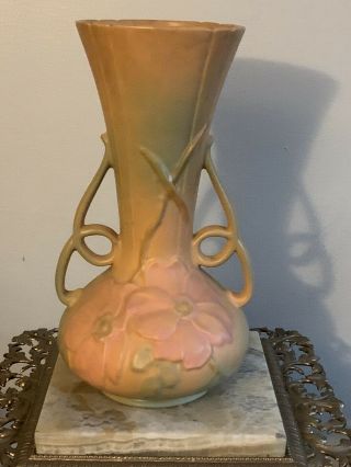 Vintage Weller Art Pottery Double Handled,  Footed Vase,  Cameo Wild Rose Pattern
