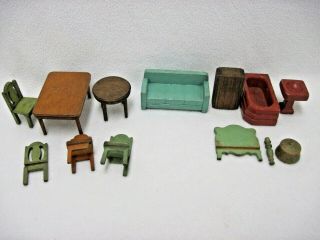 Vintage Strombecker ? Wood Dollhouse Furniture Red Tub Sink Couch Radio Tables