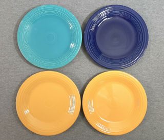 Set Of 4 Fiesta Vintage 10 1/2 " Dinner Plates - Cobalt,  Turquoise,  & Yellow