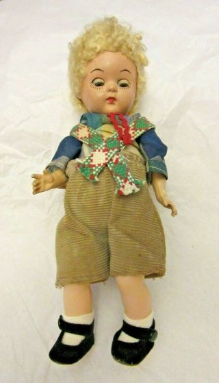 Vintage Hard Plastic Boy Doll W/ White Fuzzy Hair Sleep Eyes Outfit