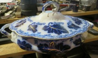 Antique Johnson Brothers Normandy Pattern Flow Blue With Gold Trim Tureen