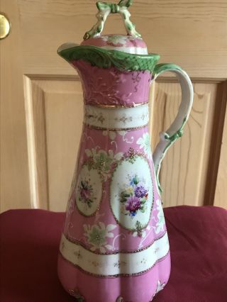 Antique Pink Green Hand Painted Floral Gold Chocolate Coffee Pot