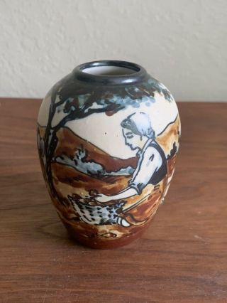 Vintage Ciboure Vase Signed C Fischer 1950s Woman W/ Fruit Basket 3 1/8” Xlnt