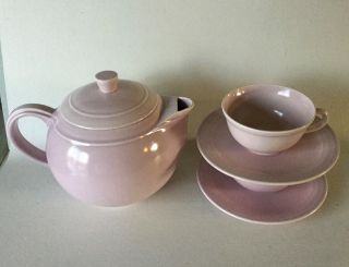 Vernon Kilns Modern California Orchid Lavender Teapot,  2 Cup & Saucers 1930s