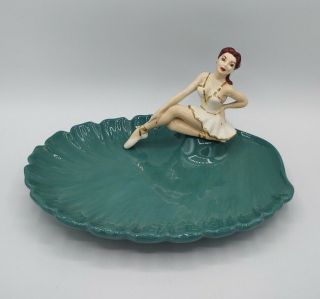 Vtg Ceramic Art Pottery Ballerina Woman Green Dish Artist Signed Fisher