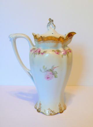 Antique German RS Prussia Pink Roses Porcelain Chocolate Pot 2