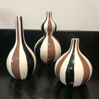 Jonathan Adler Happy Home Modernist Brown Black Stripe Art Pottery Vase Trio