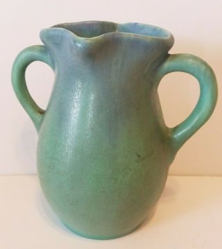 Vintage Muncie Art Pottery Double Handled Green / Blue Matte Pulled Corner Vase