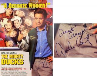 Emilio Estevez Signed The Mighty Ducks 27x40 Full Size Movie Poster W/quack - Ss