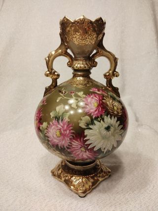 Antique Nippon Hand Painted Floral & Gold Gilt Beading Moriage Vase - Urn.