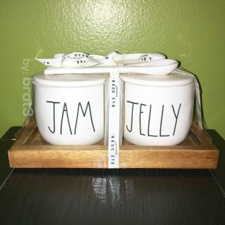 Rae Dunn Ll " Jam " & Jelly " Cellar Set With Wood Tray & Spoons By Magenta