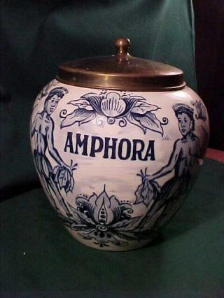 Vintage Hand Painted Blue Porcelain Delft Pottery Amorpha Tobacco Jar Humidor