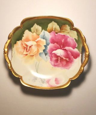 Limoges Old Abbey Plate Bowl Pink Roses Signed Dumas W/gold Trim 1908 - 1913