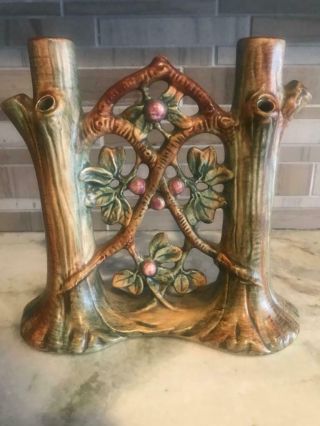 Antique Weller Art Pottery Woodcraft Apple Tree Double Bud Vase / Candles