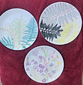 Set 3 - Vintage Ernestine Salerno Floral & Ferns,  Hand Painted Plates - 10 " 1/4 "