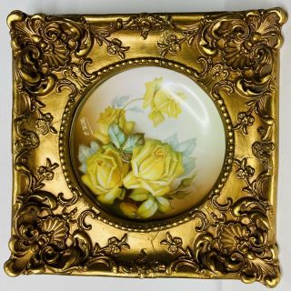 Thomas Sevres Bavaria Plate Gilt Frame Yellow Roses Hand Painted Signed O.  Wilke