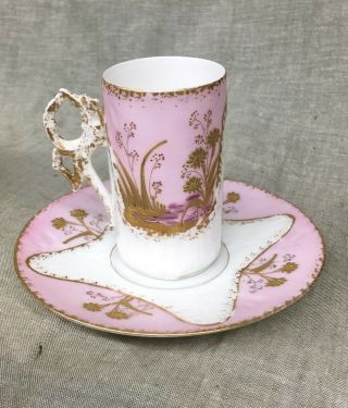 Ls & S Limoges France Pink & Gold Hand Painted Demitasse Cup & Saucer