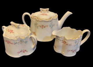 Antique Z.  S.  & Co Bavaria Floral Teapot Creamer & Sugar Bowl Pink Roses Vintage