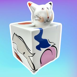 Vintage Villeroy & Boch Abstract Cat Coin Bank Art Kitten Square Cube With Key