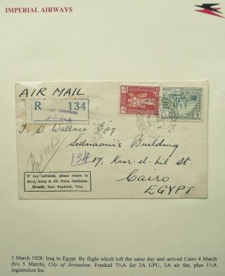 Iraq 3 Mar 1928 Registered Airmail Cover From Baghdad To Cairo,  Egypt - See