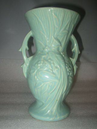 Vintage Mccoy Sage Green Bird Of Paradise Peacock Pottery Vase Urn