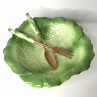 Large Green Cabbage Leaf Salad Serving Bowl W/utensils Easter Made In Usa Z57