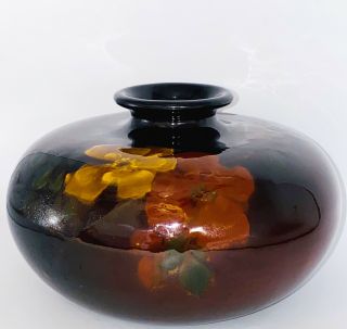 Antique Weller Louwelsa Art Pottery Signed Glazed Squat Vase Glaze 6.  5”l 4”h
