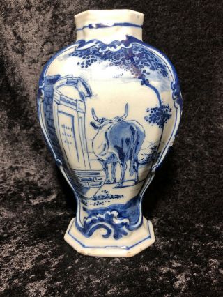 18th Century? Delft Pastoral Vase Lampetken Factory Blue And White Old Cow Bull