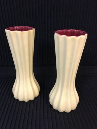 Two Vtg Catalina Pottery Usa Maroon Yellow Ribbed Twin Vases Benefits Charity