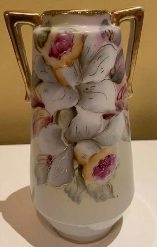 Antique Vtg Nippon Vase Hand Painted Pink Flower,  Gold,  6 " Tall