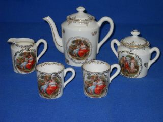 Mythological Scene Tea Set With Tray,  Sugar & Creamer,  2 Cups,  Pot,  Es Prussia.