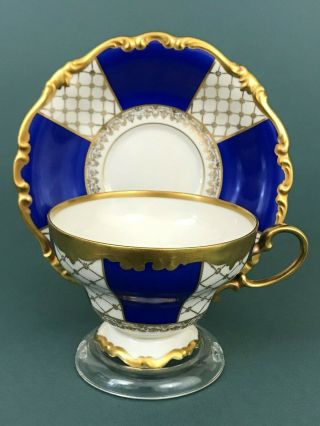 Vtg Rosenthal Pompadour Royal Blue Gold Lace Teacup Saucer Heavy Gold Trim