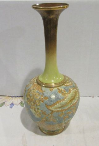 Doulton Lambeth Slaters Gilt Floral Stoneware Bottleneck Vases 1895 10.  5 In 3